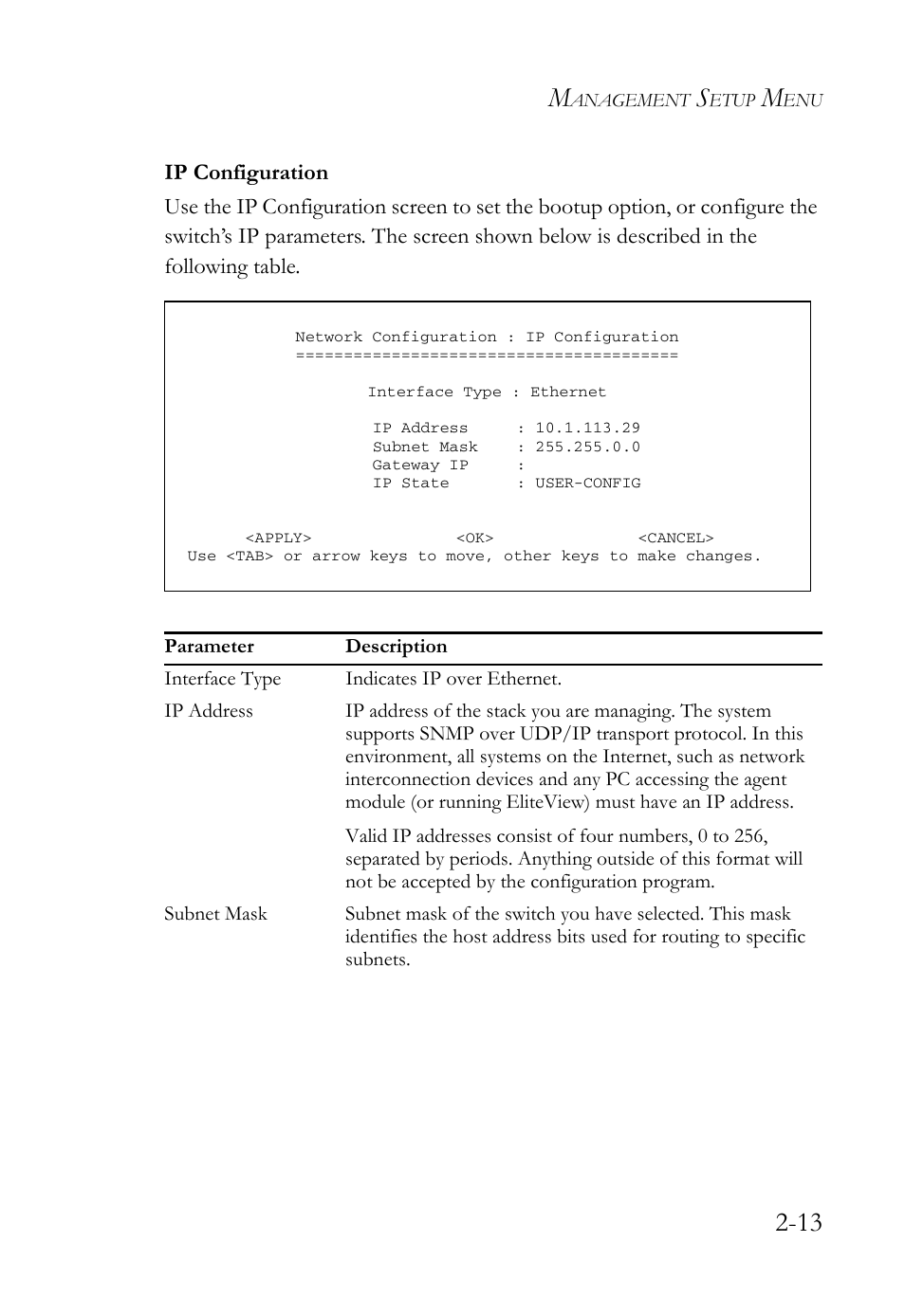 Ip configuration, Ip configuration -13 | SMC Networks TigerStack 100 1000BASE-X User Manual | Page 31 / 178