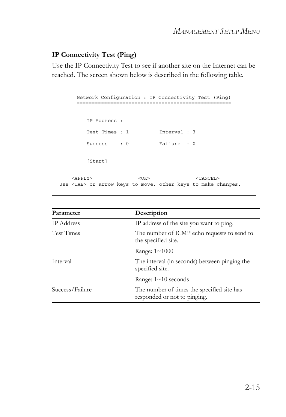 Ip connectivity test (ping), Ip connectivity test (ping) -15 | SMC Networks TigerStack 100 1000BASE-X User Manual | Page 33 / 178