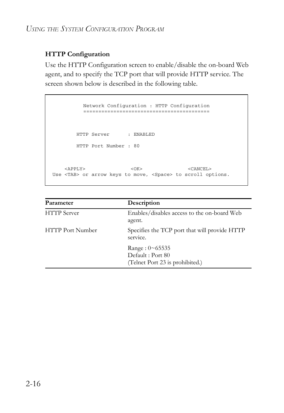 Http configuration, Http configuration -16 | SMC Networks TigerStack 100 1000BASE-X User Manual | Page 34 / 178