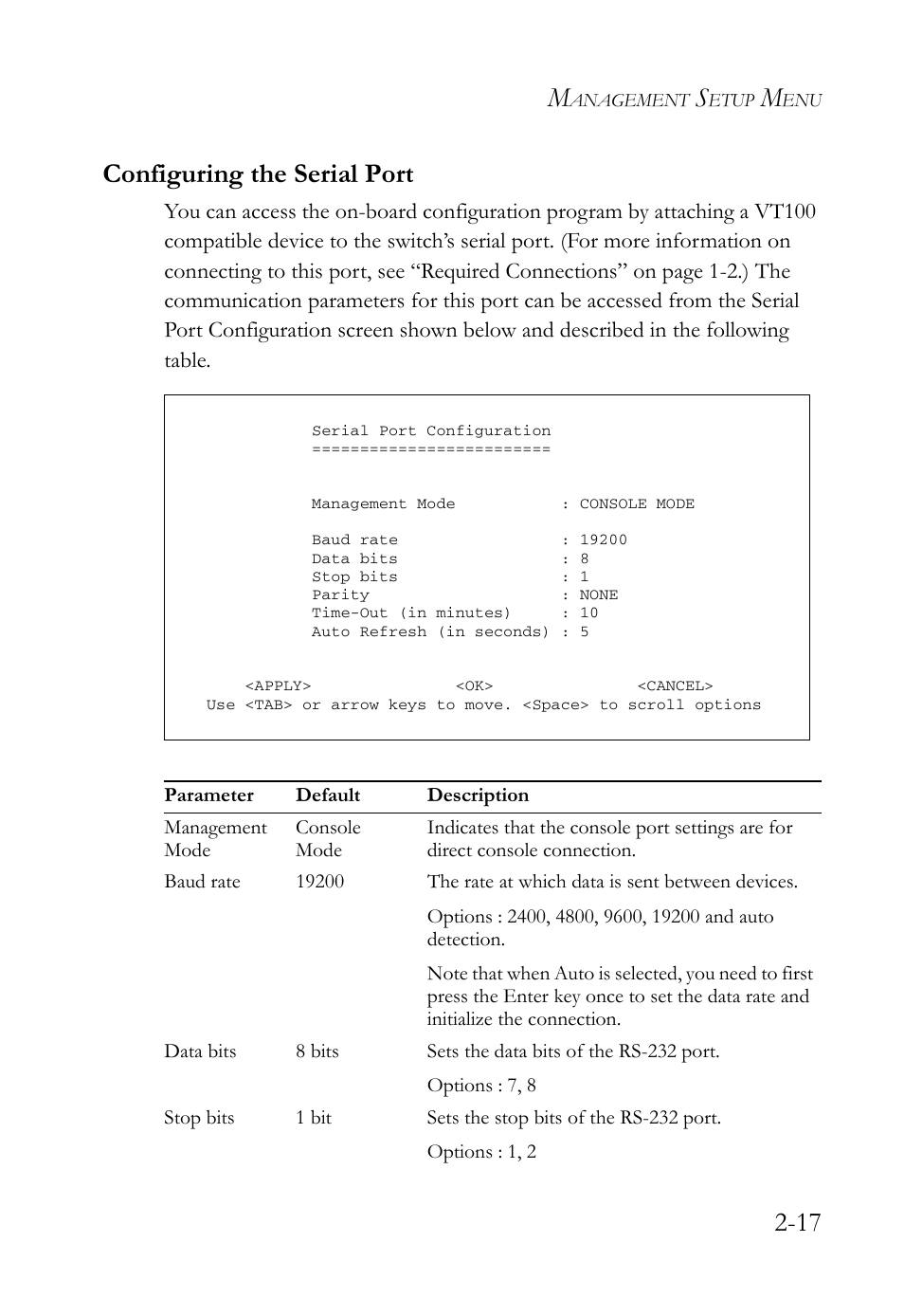 Configuring the serial port, Configuring the serial port -17, 17 configuring the serial port | SMC Networks TigerStack 100 1000BASE-X User Manual | Page 35 / 178