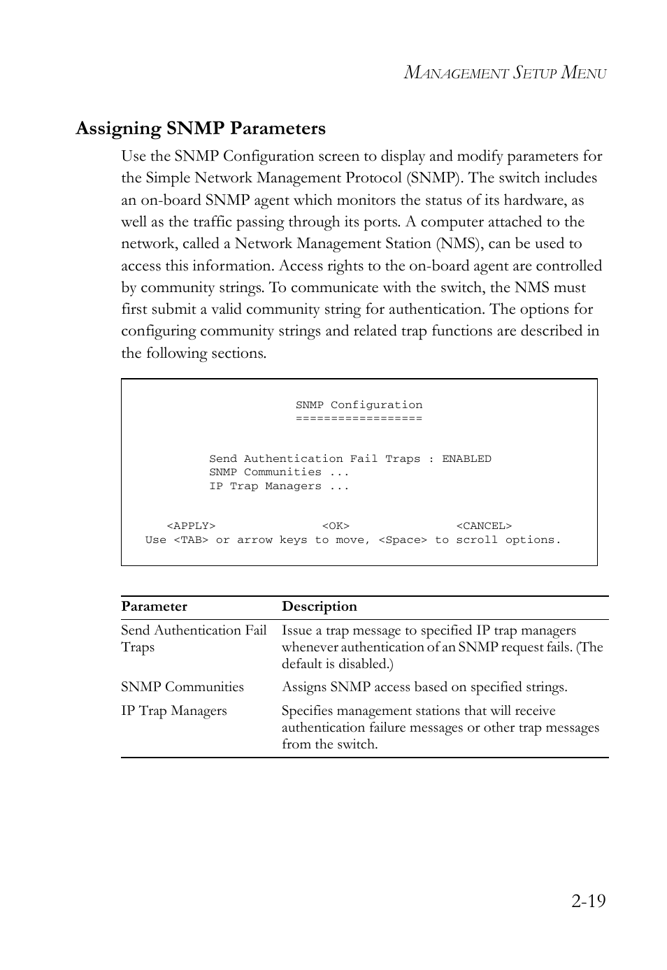 Assigning snmp parameters, Assigning snmp parameters -19, 19 assigning snmp parameters | SMC Networks TigerStack 100 1000BASE-X User Manual | Page 37 / 178