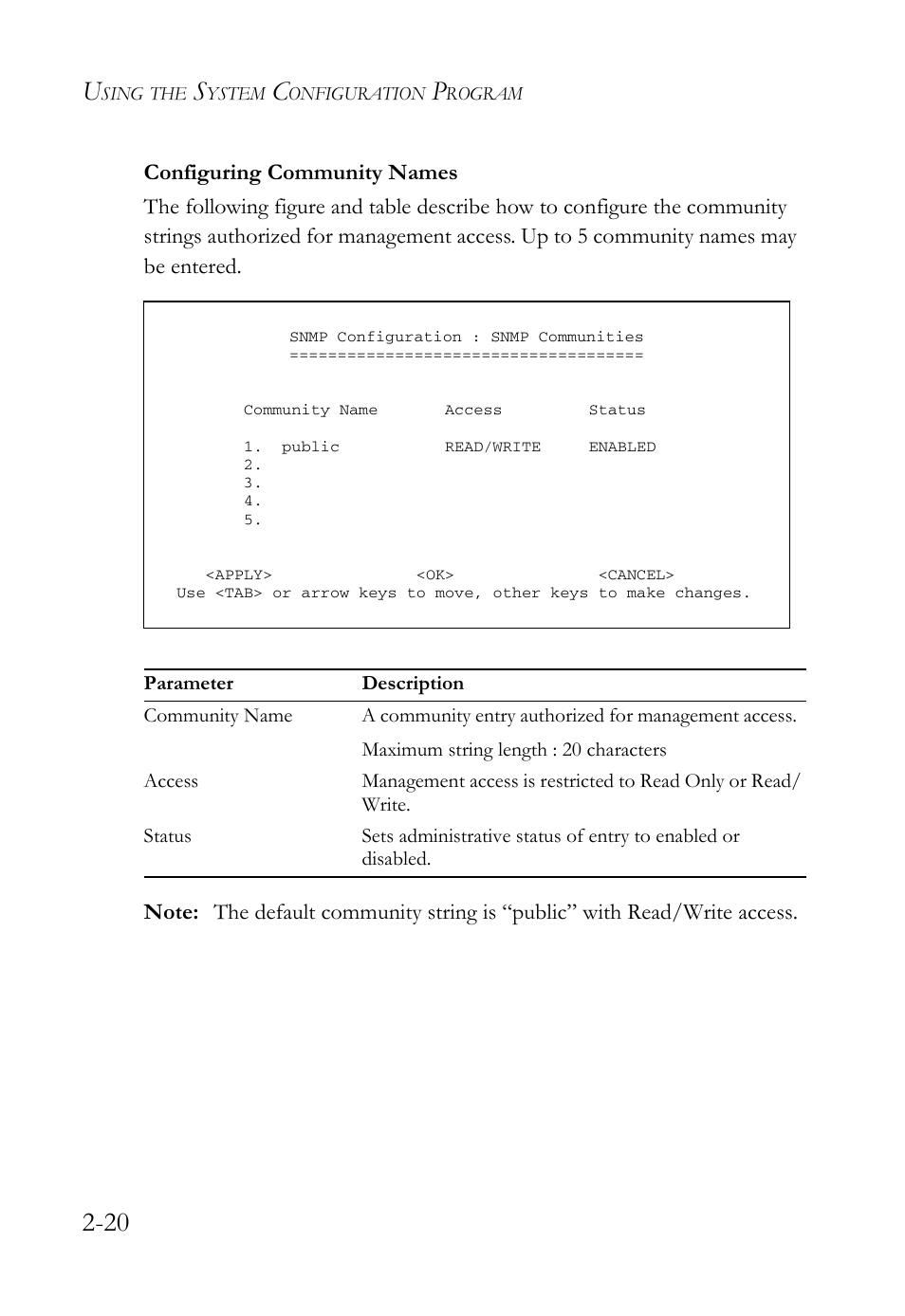 Configuring community names, Configuring community names -20 | SMC Networks TigerStack 100 1000BASE-X User Manual | Page 38 / 178