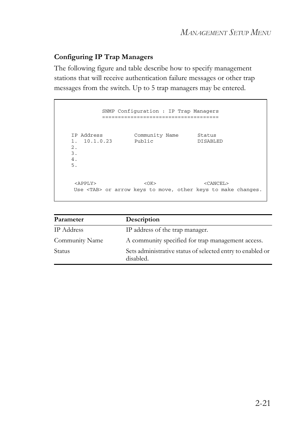 Configuring ip trap managers, Configuring ip trap managers -21 | SMC Networks TigerStack 100 1000BASE-X User Manual | Page 39 / 178