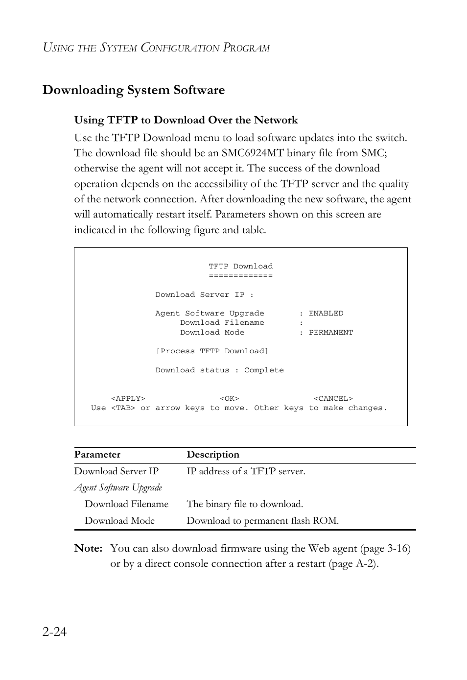 Downloading system software, Using tftp to download over the network, Downloading system software -24 | Using tftp to download over the network -24, 24 downloading system software | SMC Networks TigerStack 100 1000BASE-X User Manual | Page 42 / 178