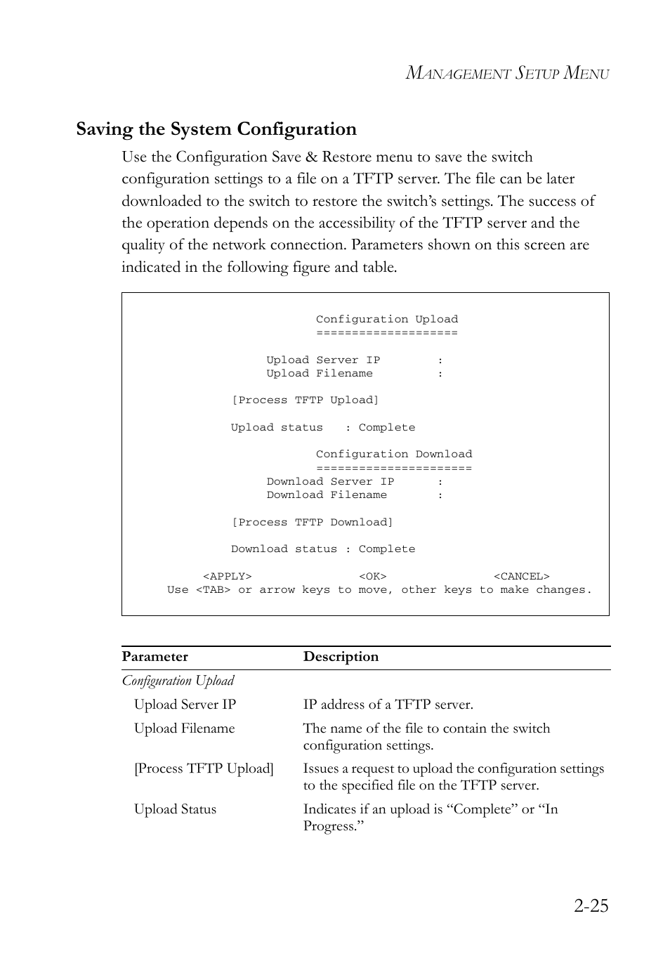 Saving the system configuration, Saving the system configuration -25, 25 saving the system configuration | SMC Networks TigerStack 100 1000BASE-X User Manual | Page 43 / 178