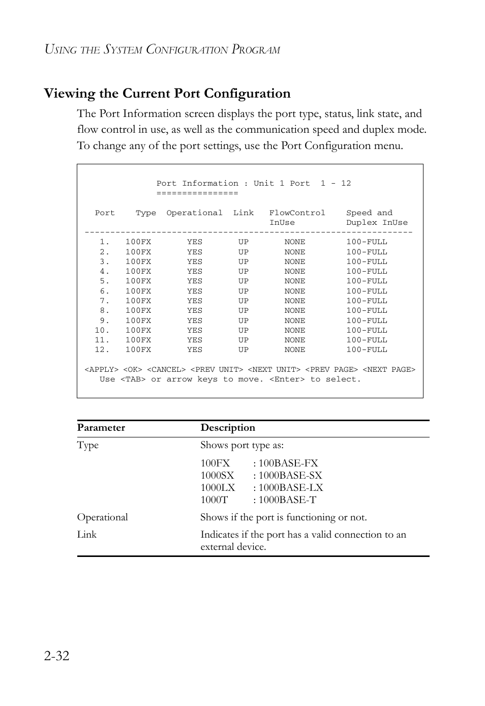 Viewing the current port configuration, Viewing the current port configuration -32, 32 viewing the current port configuration | SMC Networks TigerStack 100 1000BASE-X User Manual | Page 50 / 178