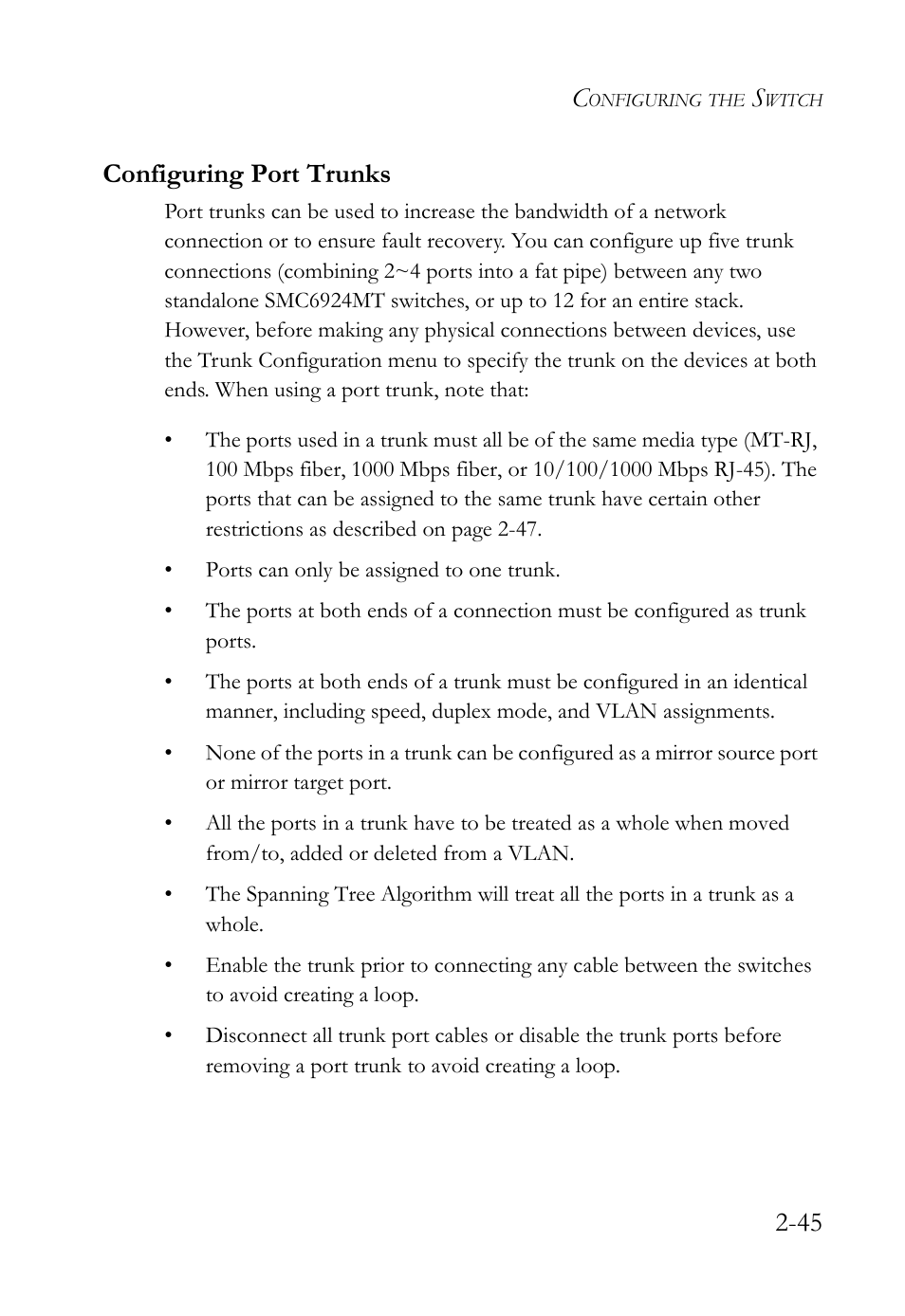 Configuring port trunks, Configuring port trunks -45, 45 configuring port trunks | SMC Networks TigerStack 100 1000BASE-X User Manual | Page 63 / 178