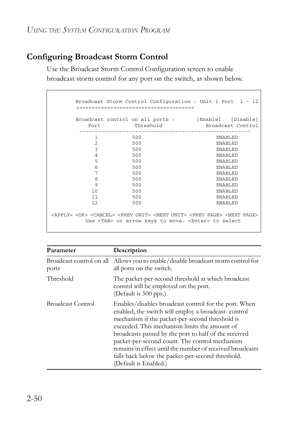 Configuring broadcast storm control, Configuring broadcast storm control -50, 50 configuring broadcast storm control | SMC Networks TigerStack 100 1000BASE-X User Manual | Page 68 / 178