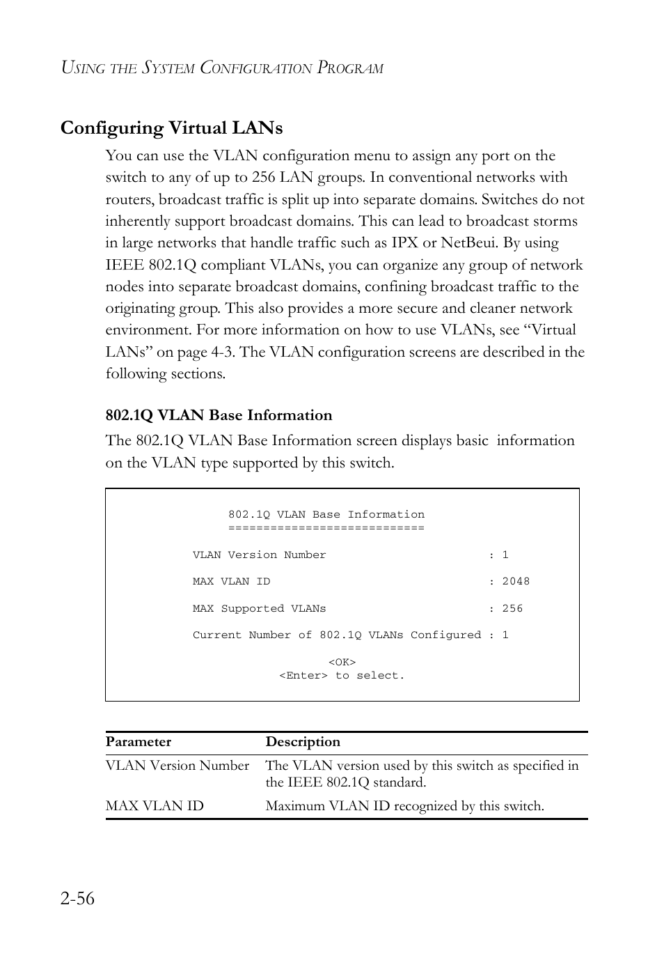 Configuring virtual lans, 1q vlan base information, Configuring virtual lans -56 | 1q vlan base information -56, 56 configuring virtual lans | SMC Networks TigerStack 100 1000BASE-X User Manual | Page 74 / 178