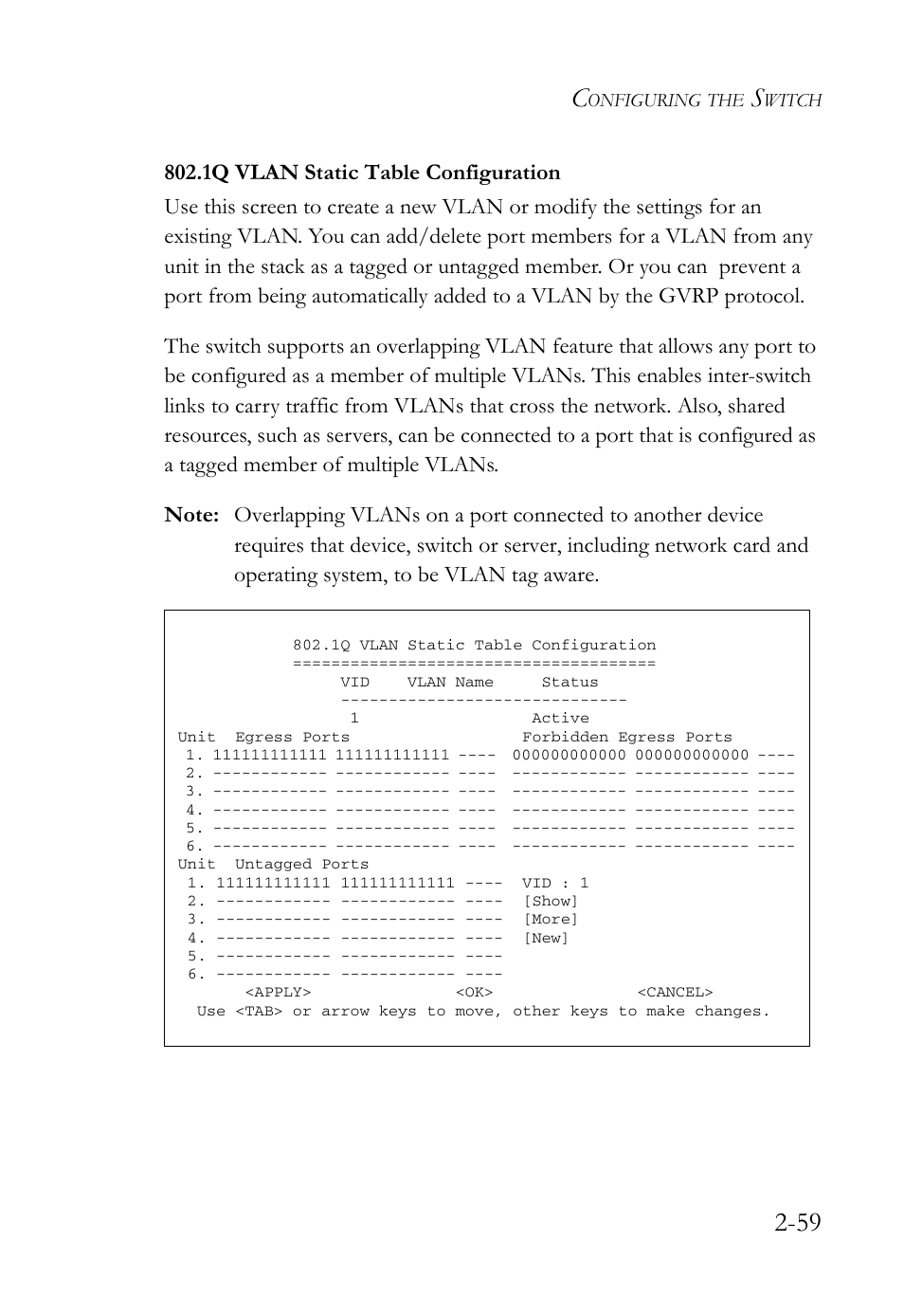 1q vlan static table configuration, 1q vlan static table configuration -59 | SMC Networks TigerStack 100 1000BASE-X User Manual | Page 77 / 178