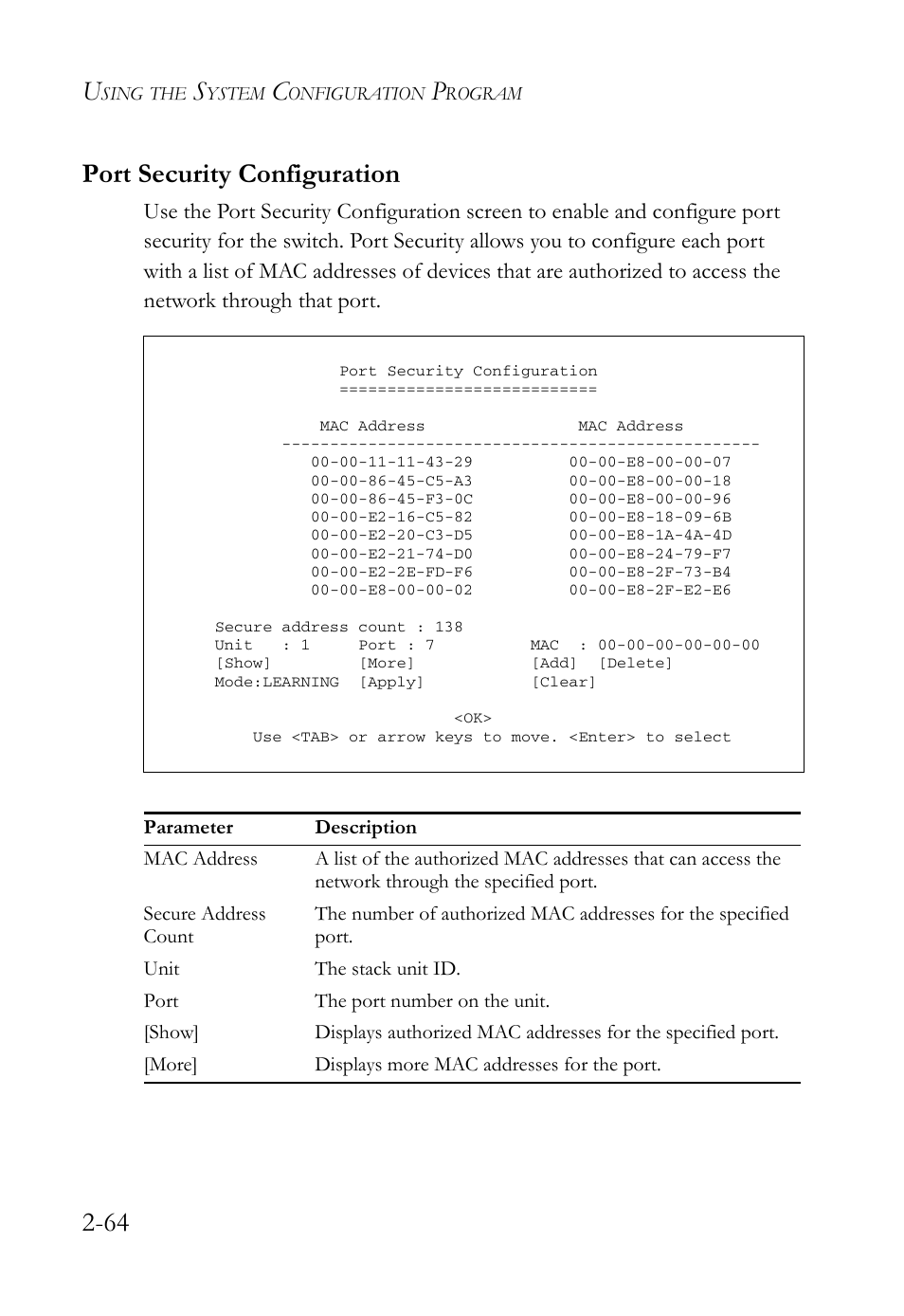 Port security configuration, Port security configuration -64, 64 port security configuration | SMC Networks TigerStack 100 1000BASE-X User Manual | Page 82 / 178