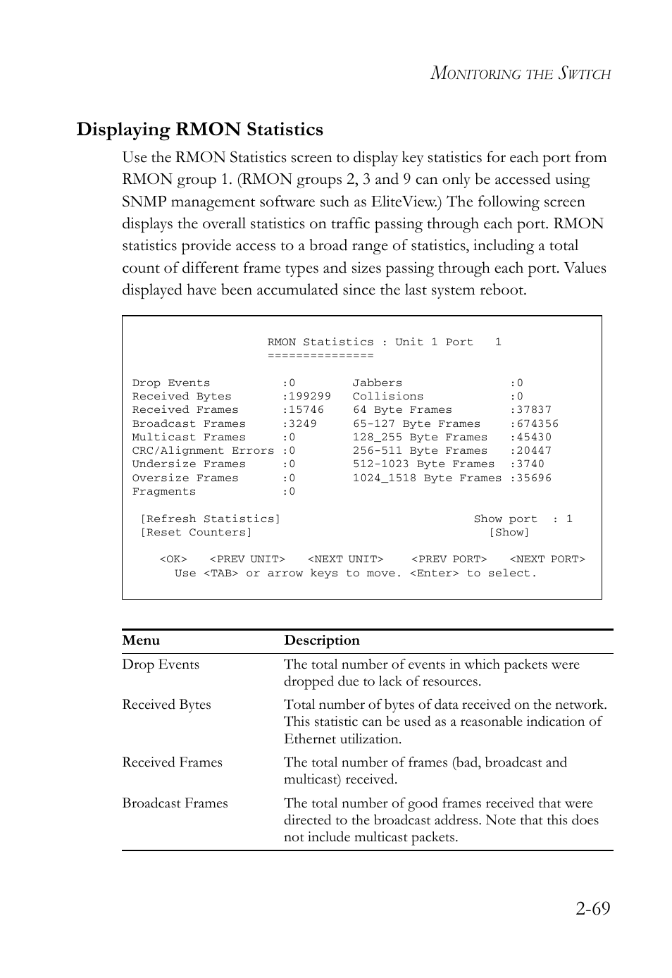 Displaying rmon statistics, Displaying rmon statistics -69, 69 displaying rmon statistics | SMC Networks TigerStack 100 1000BASE-X User Manual | Page 87 / 178