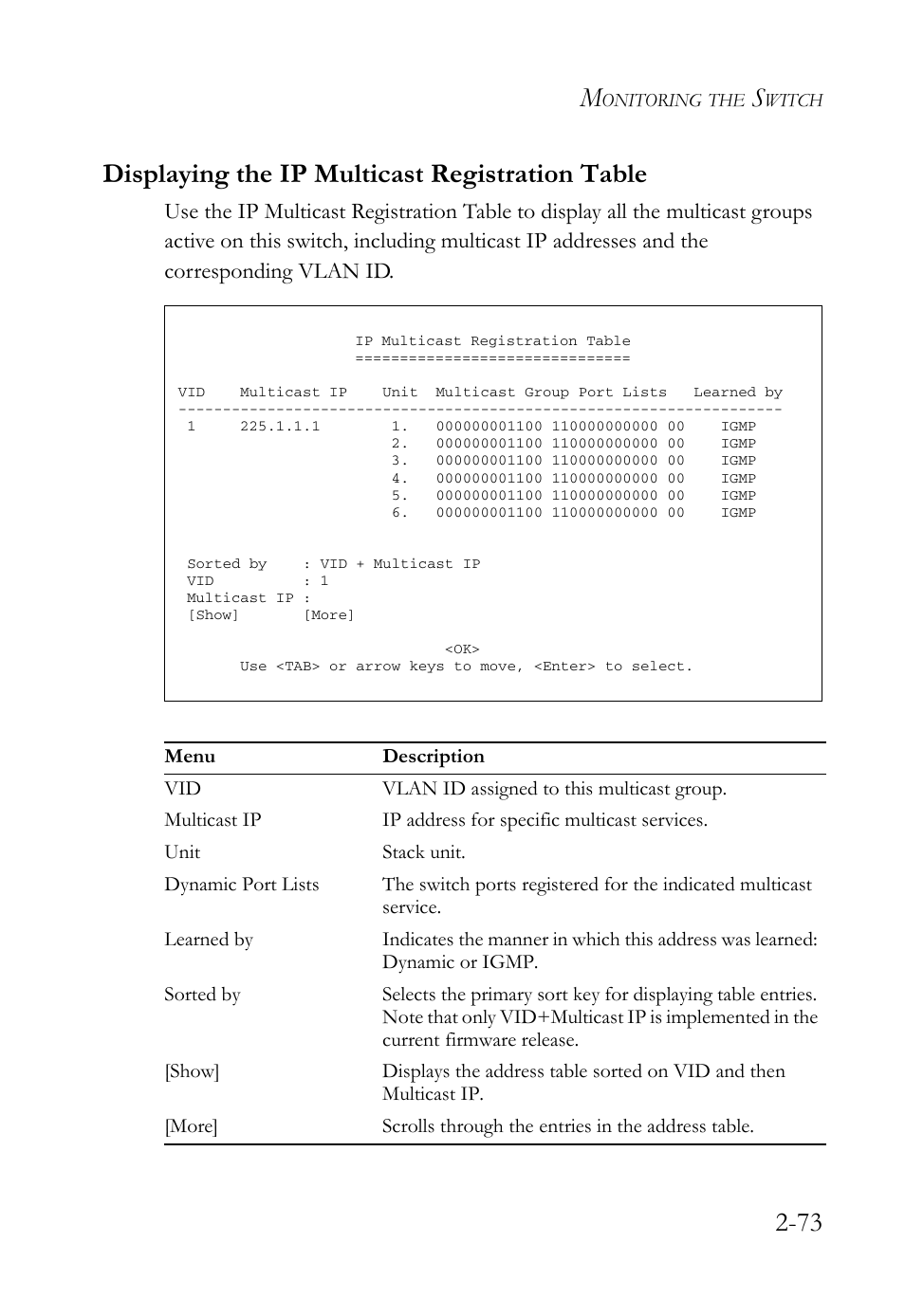 Displaying the ip multicast registration table, Displaying the ip multicast registration table -73, 73 displaying the ip multicast registration table | SMC Networks TigerStack 100 1000BASE-X User Manual | Page 91 / 178