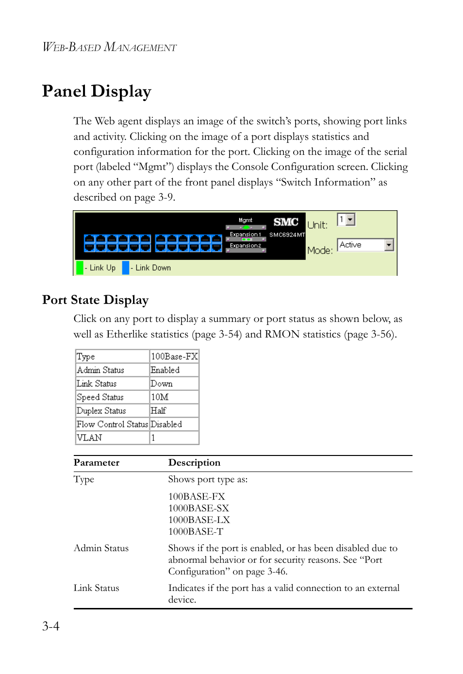 Panel display, Port state display, Panel display -4 | Port state display -4 | SMC Networks TigerStack 100 1000BASE-X User Manual | Page 98 / 178