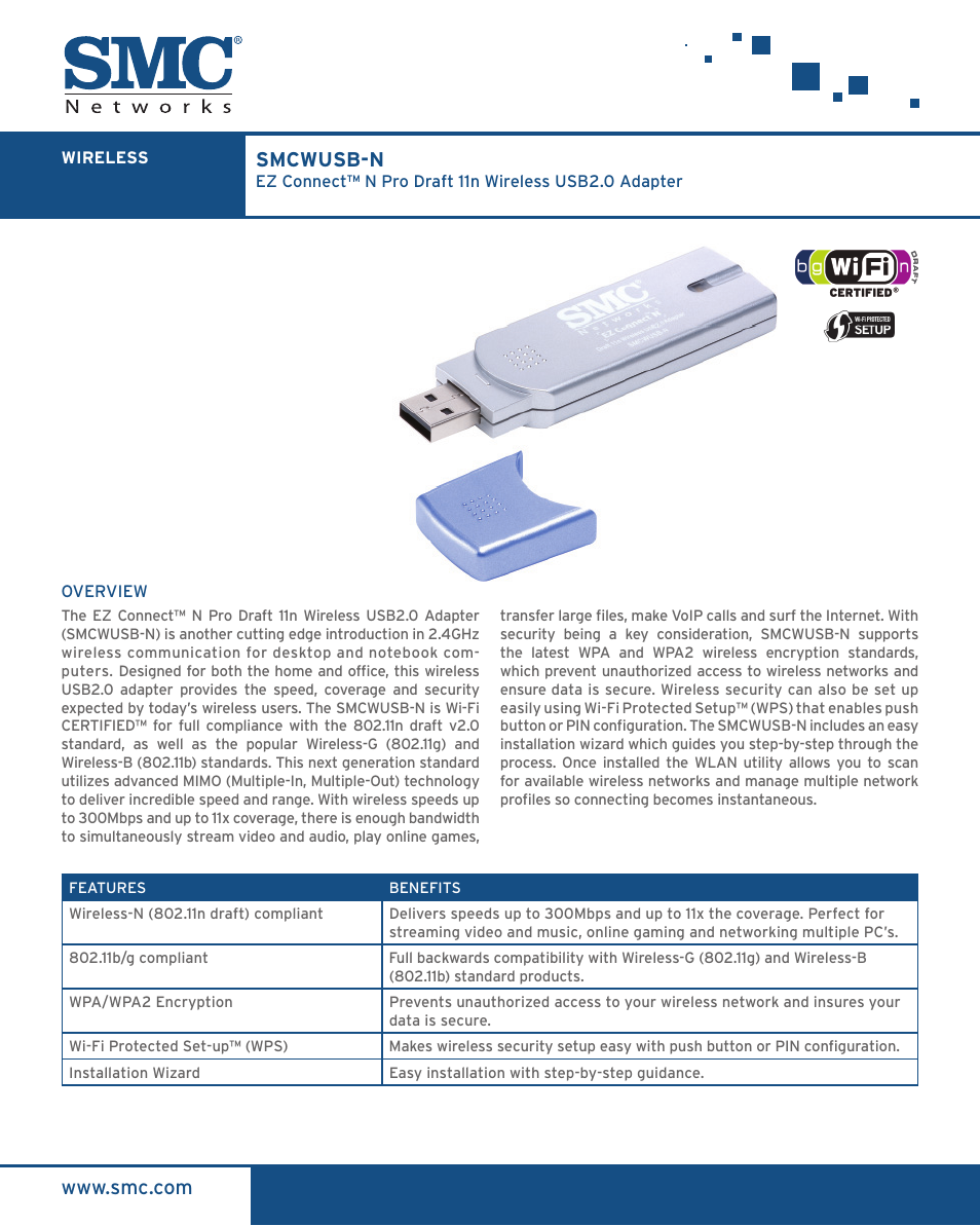 SMC Networks SMC EZ Connect N Draft 11n Wireless USB2.0 Adapter SMCWUSB-N User Manual | 2 pages