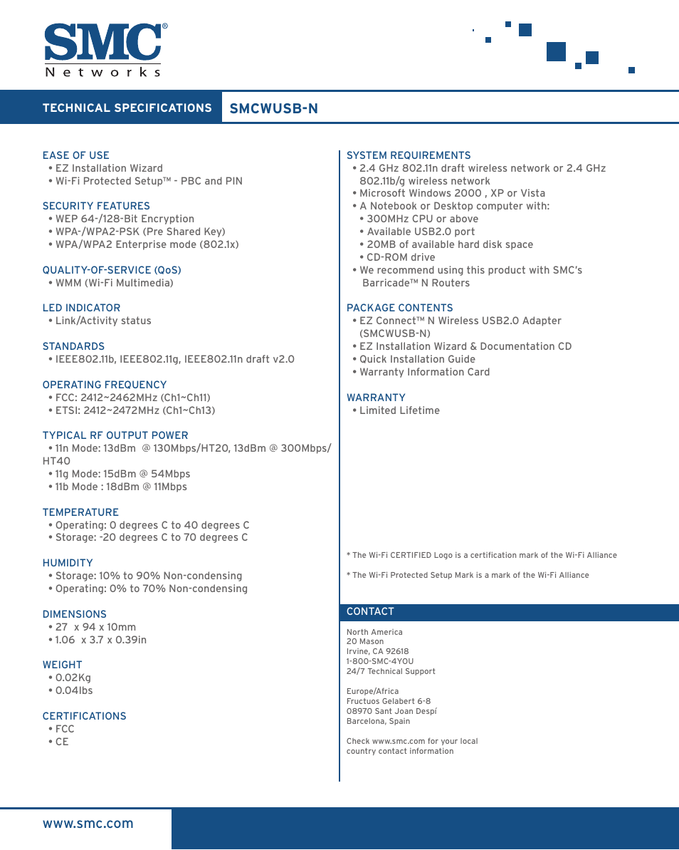 Smcwusb-n | SMC Networks SMC EZ Connect N Draft 11n Wireless USB2.0 Adapter SMCWUSB-N User Manual | Page 2 / 2