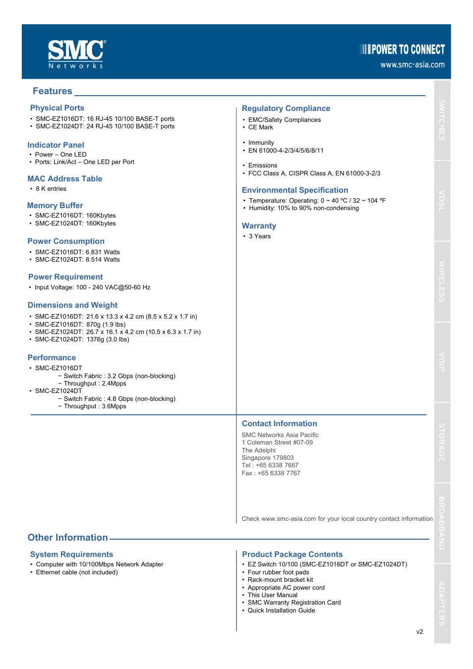 Features, Other information | SMC Networks SMC-EZ1016DT User Manual | Page 2 / 2