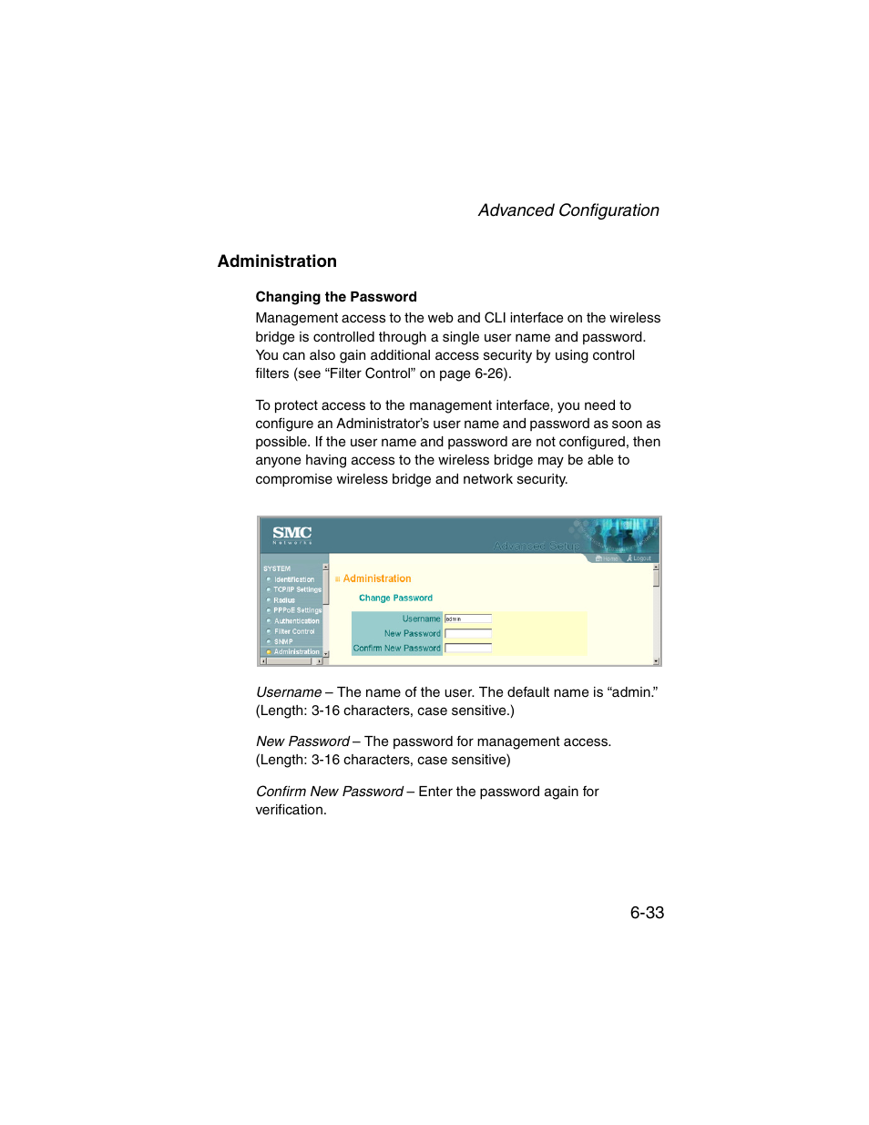 Administration, Changing the password, Administration -33 | SMC Networks ElliteConnect 2.4GHz/5GHz User Manual | Page 109 / 322