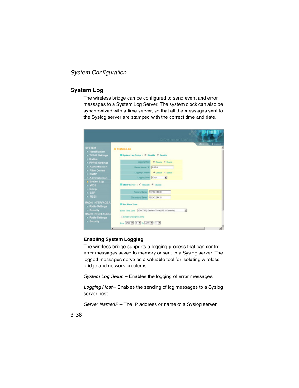 System log, Enabling system logging, System log -38 | SMC Networks ElliteConnect 2.4GHz/5GHz User Manual | Page 114 / 322