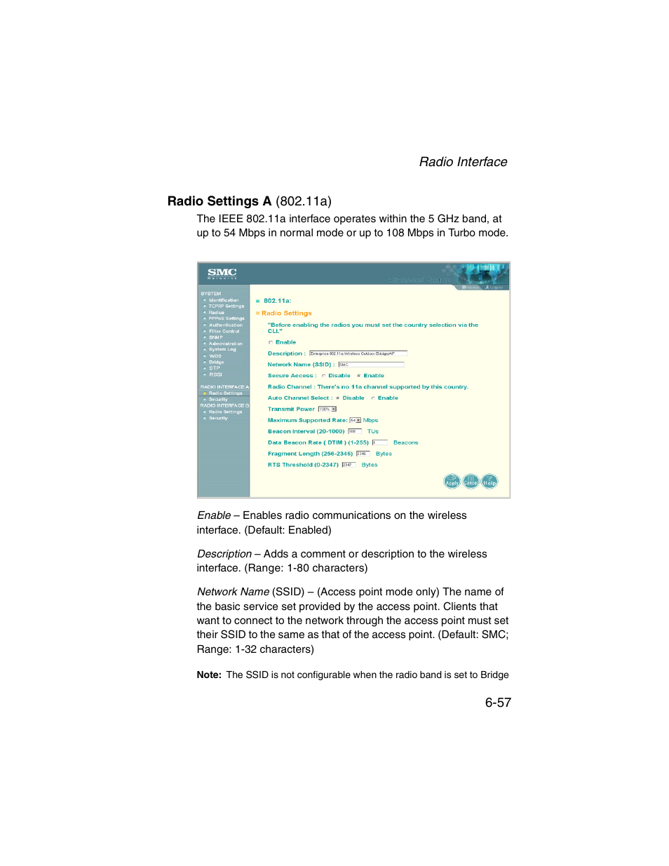 Radio settings a (802.11a), Radio settings a (802.11a) -57 | SMC Networks ElliteConnect 2.4GHz/5GHz User Manual | Page 133 / 322