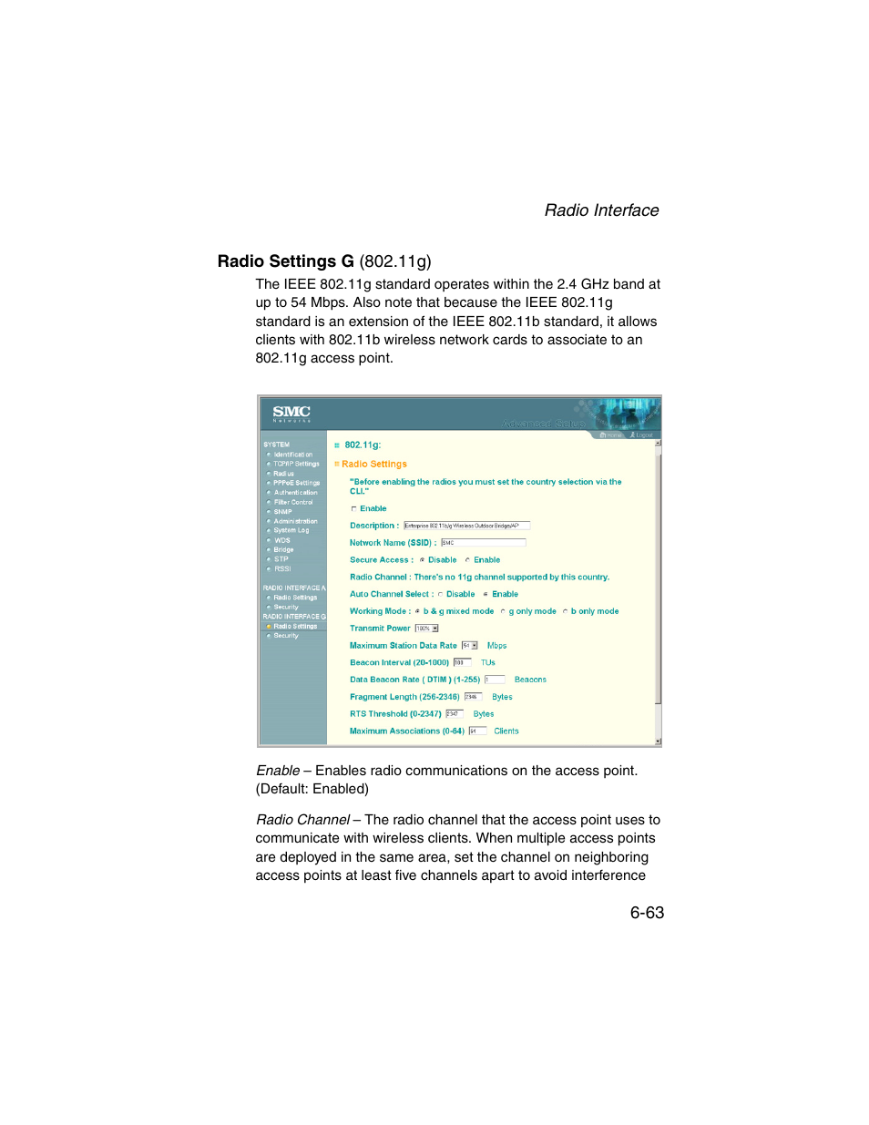 Radio settings g (802.11g), Radio settings g (802.11g) -63 | SMC Networks ElliteConnect 2.4GHz/5GHz User Manual | Page 139 / 322