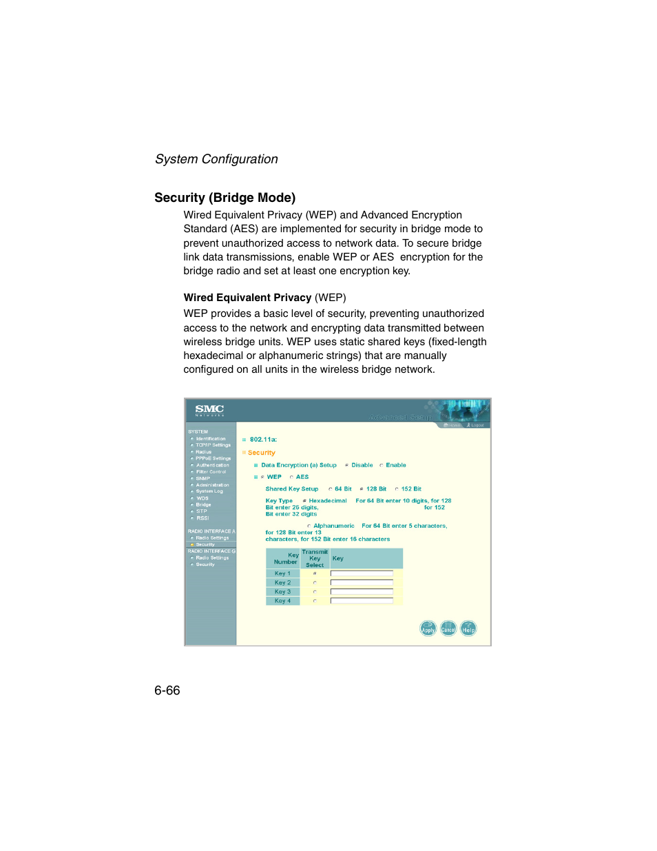 Security (bridge mode), Wired equivalent privacy (wep), Security (bridge mode) -66 | SMC Networks ElliteConnect 2.4GHz/5GHz User Manual | Page 142 / 322