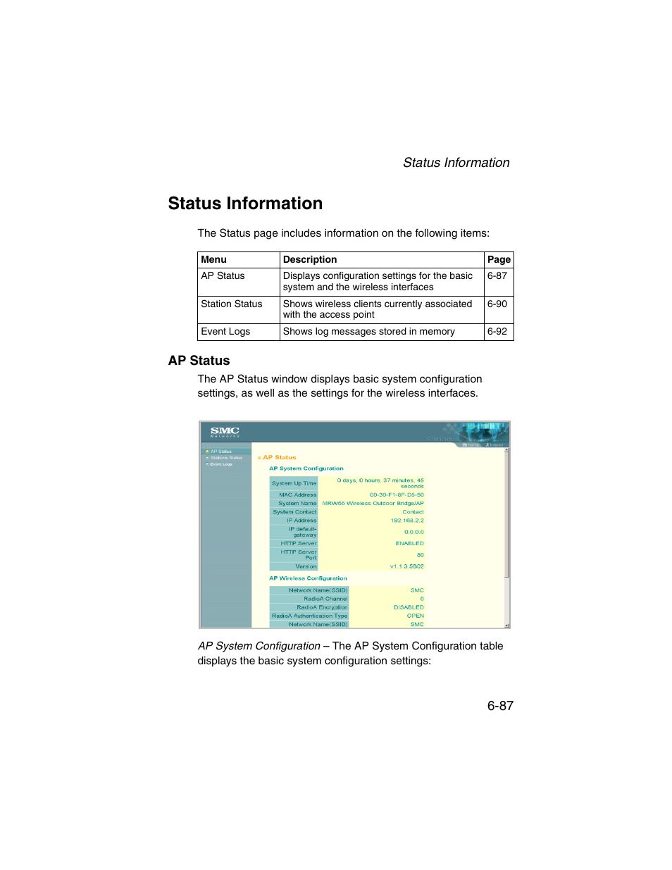 Status information, Ap status, Status information -87 | Ap status -87 | SMC Networks ElliteConnect 2.4GHz/5GHz User Manual | Page 163 / 322