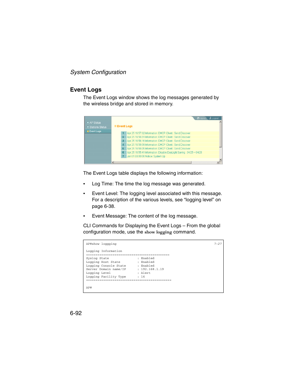 Event logs, Event logs -92, System configuration 6-92 event logs | SMC Networks ElliteConnect 2.4GHz/5GHz User Manual | Page 168 / 322