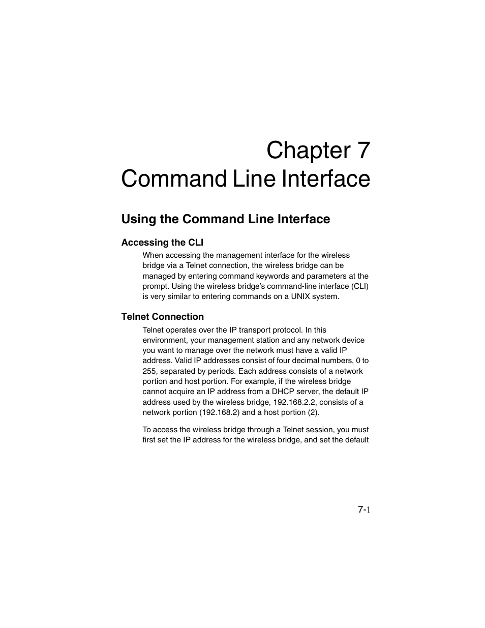 Chapter 7 command line interface, Using the command line interface, Accessing the cli | Telnet connection, Command line interface -1, Using the command line interface -1, Accessing the cli -1 telnet connection -1 | SMC Networks ElliteConnect 2.4GHz/5GHz User Manual | Page 171 / 322