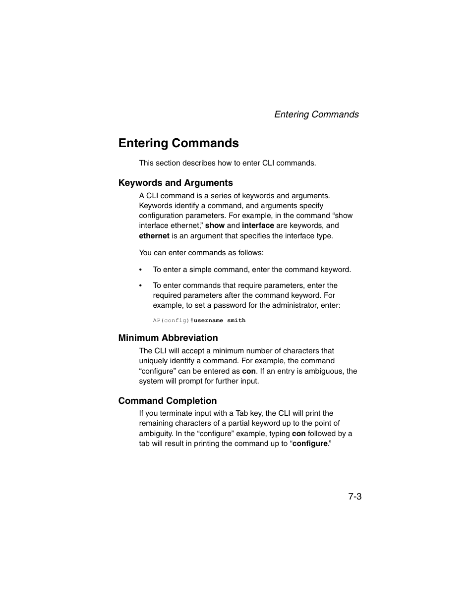 Entering commands, Keywords and arguments, Minimum abbreviation | Command completion, Entering commands -3 | SMC Networks ElliteConnect 2.4GHz/5GHz User Manual | Page 173 / 322