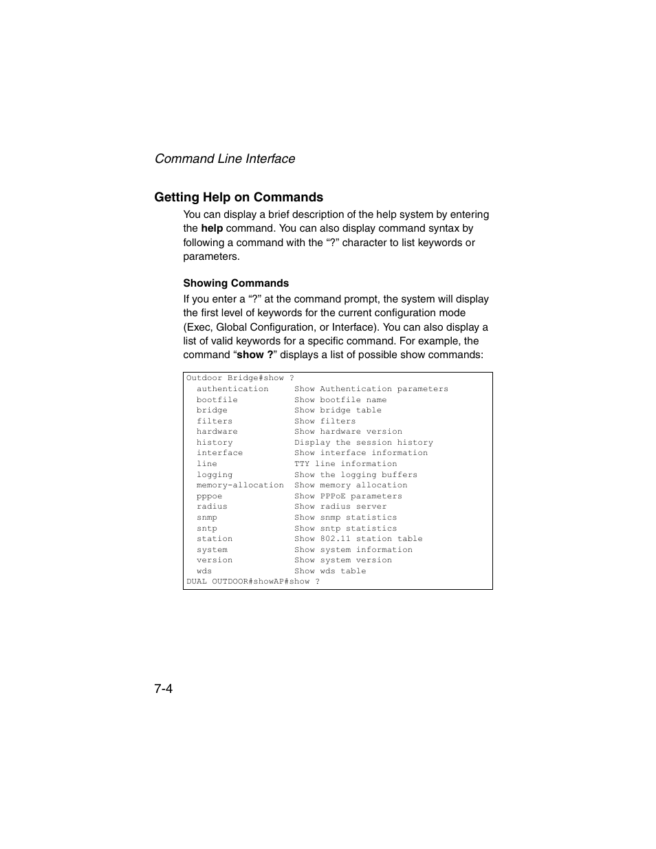 Getting help on commands, Showing commands, Getting help on commands -4 | SMC Networks ElliteConnect 2.4GHz/5GHz User Manual | Page 174 / 322