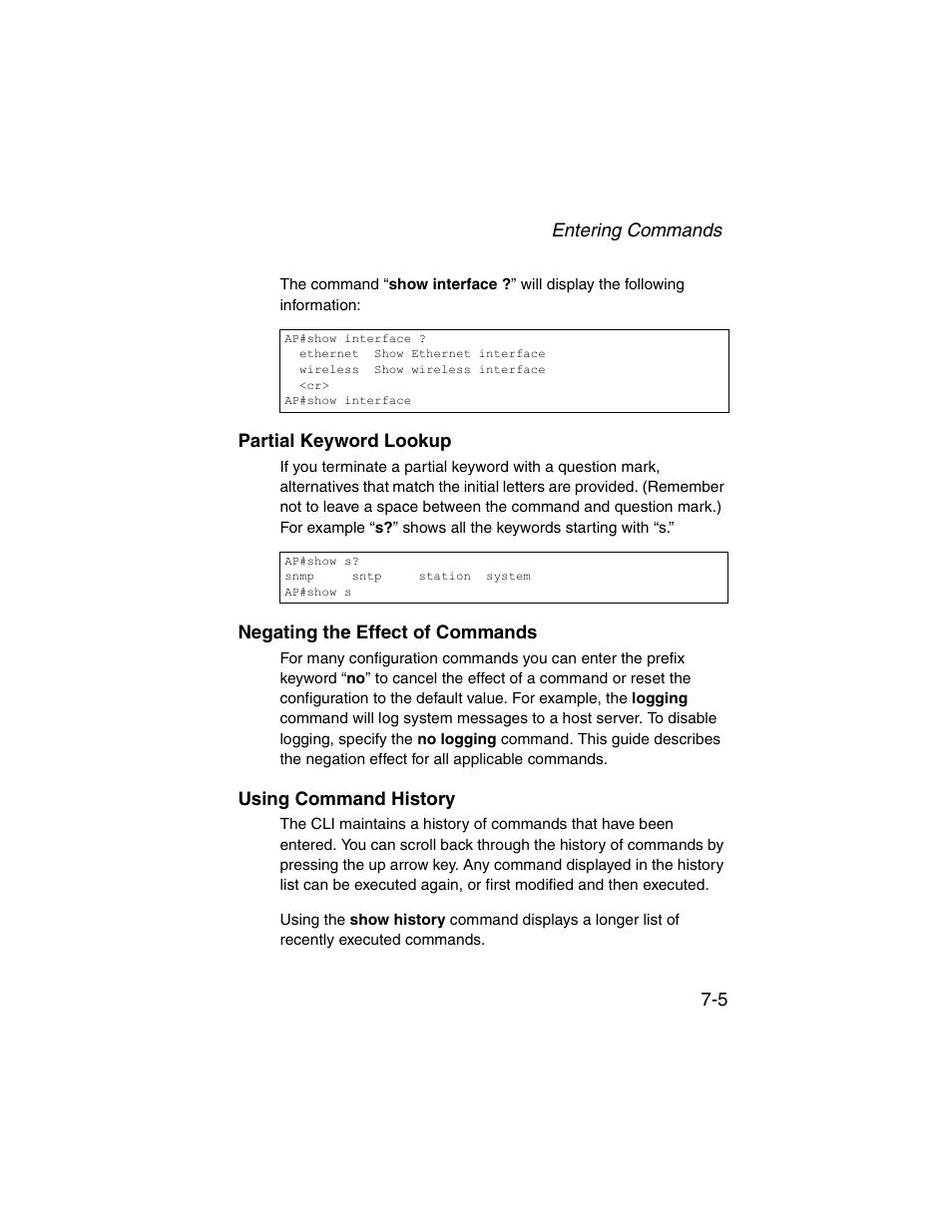 Partial keyword lookup, Negating the effect of commands, Using command history | SMC Networks ElliteConnect 2.4GHz/5GHz User Manual | Page 175 / 322