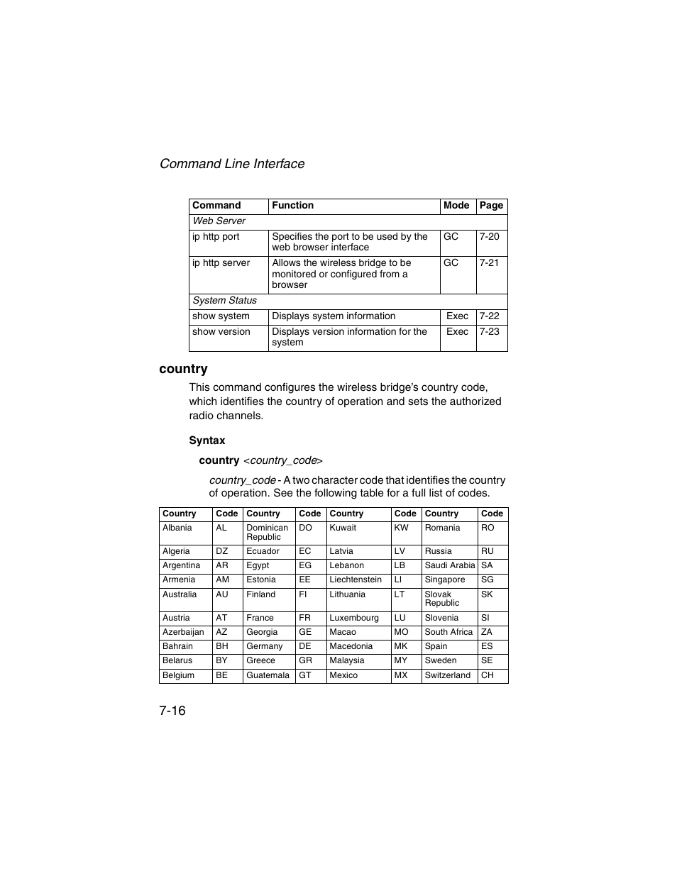 Country, Country -16, Command line interface 7-16 country | SMC Networks ElliteConnect 2.4GHz/5GHz User Manual | Page 186 / 322