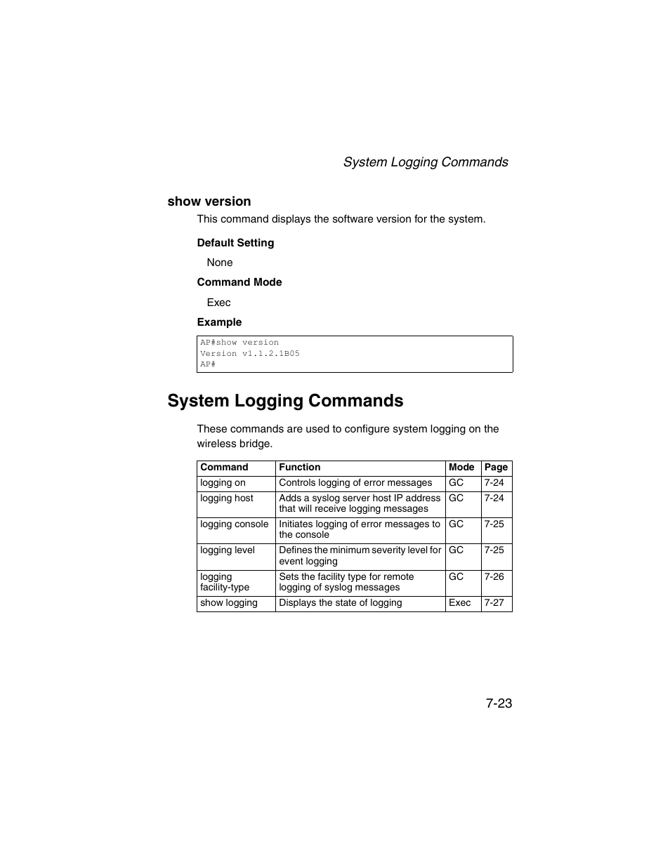 Show version, System logging commands, Show version -23 | System logging commands -23 | SMC Networks ElliteConnect 2.4GHz/5GHz User Manual | Page 193 / 322