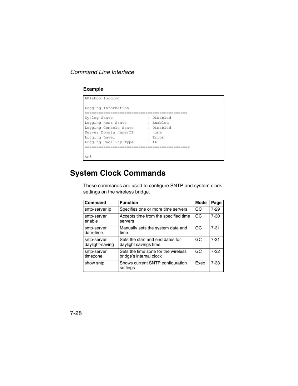 System clock commands, System clock commands -28, Command line interface 7-28 | SMC Networks ElliteConnect 2.4GHz/5GHz User Manual | Page 198 / 322