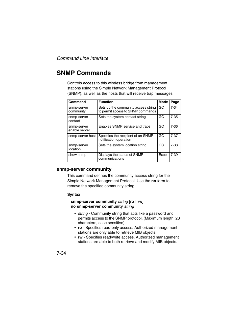 Snmp commands, Snmp-server community, Snmp commands -34 | Snmp-server community -34 | SMC Networks ElliteConnect 2.4GHz/5GHz User Manual | Page 204 / 322