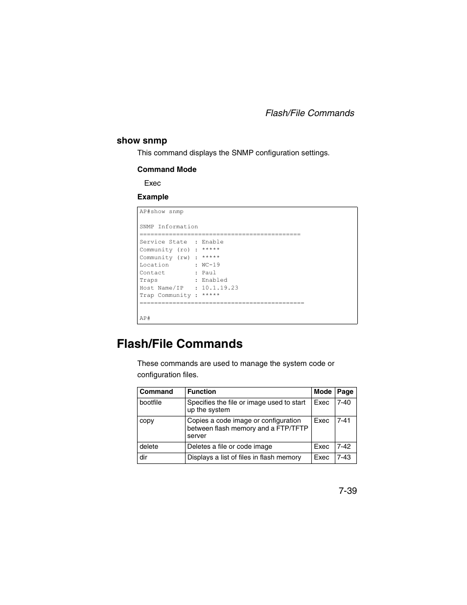 Show snmp, Flash/file commands, Show snmp -39 | Flash/file commands -39 | SMC Networks ElliteConnect 2.4GHz/5GHz User Manual | Page 209 / 322