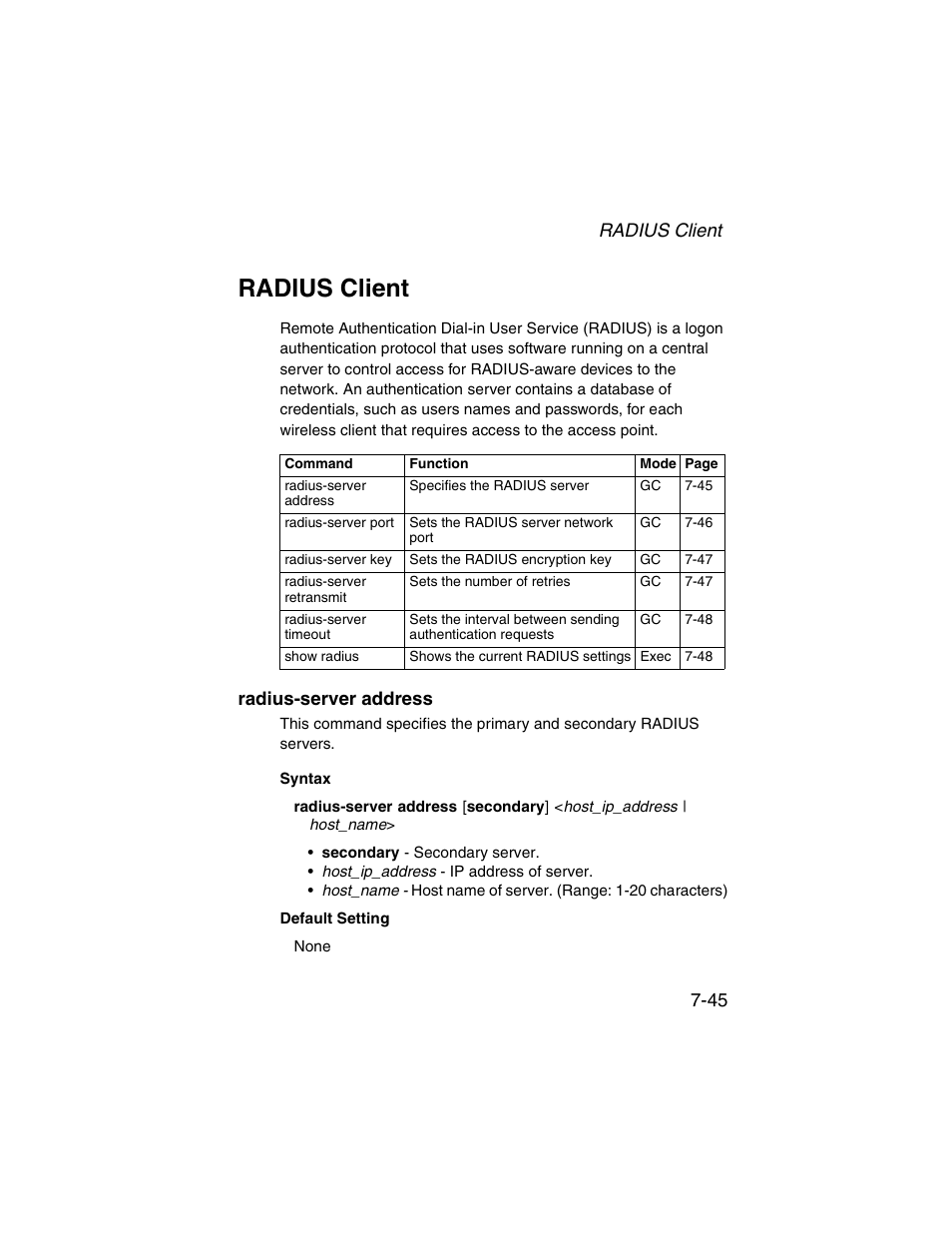 Radius client, Radius-server address, Radius client -45 | Radius-server address -45 | SMC Networks ElliteConnect 2.4GHz/5GHz User Manual | Page 215 / 322