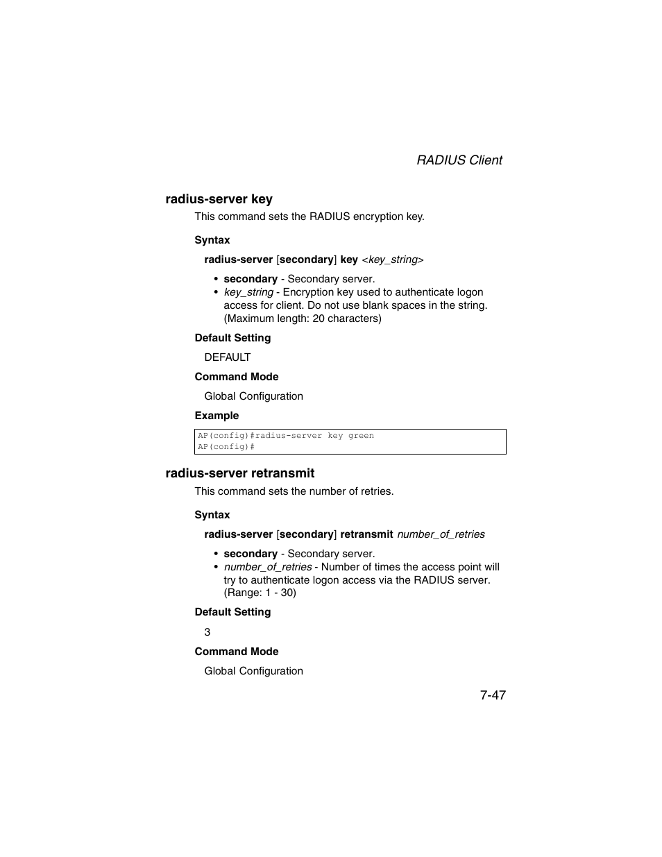 Radius-server key, Radius-server retransmit, Radius-server key -47 radius-server retransmit -47 | SMC Networks ElliteConnect 2.4GHz/5GHz User Manual | Page 217 / 322