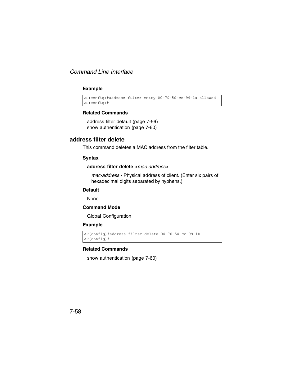 Address filter delete, Address filter delete -58, Command line interface 7-58 | SMC Networks ElliteConnect 2.4GHz/5GHz User Manual | Page 228 / 322