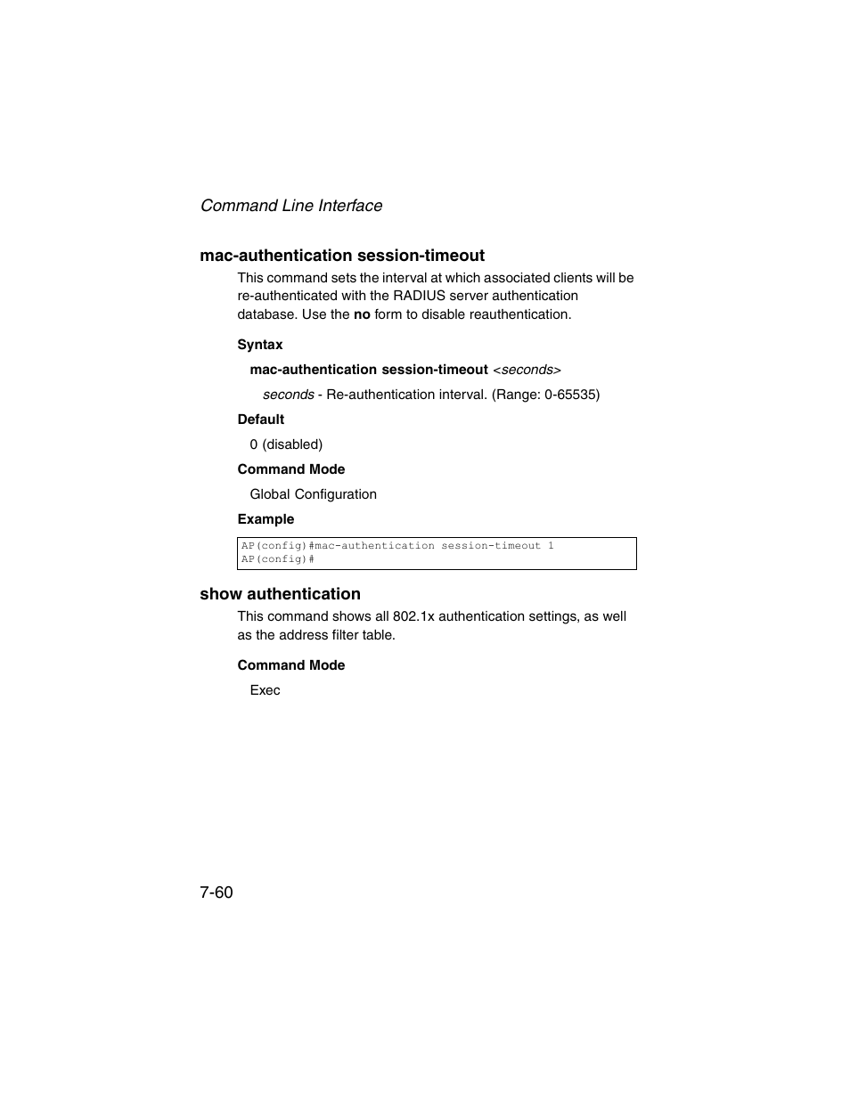 Mac-authentication session-timeout, Show authentication | SMC Networks ElliteConnect 2.4GHz/5GHz User Manual | Page 230 / 322