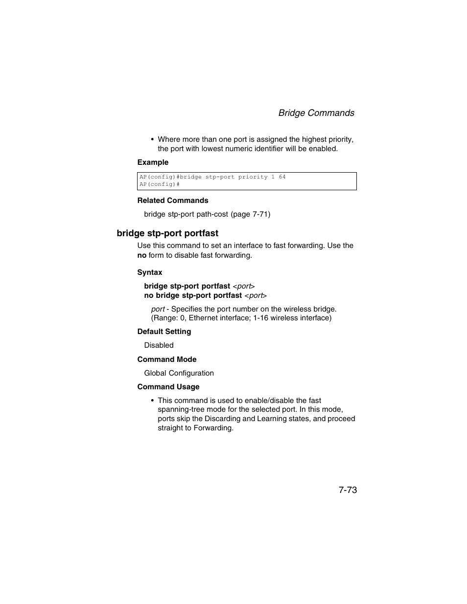 Bridge stp-port portfast, Bridge stp-port portfast -73 | SMC Networks ElliteConnect 2.4GHz/5GHz User Manual | Page 243 / 322