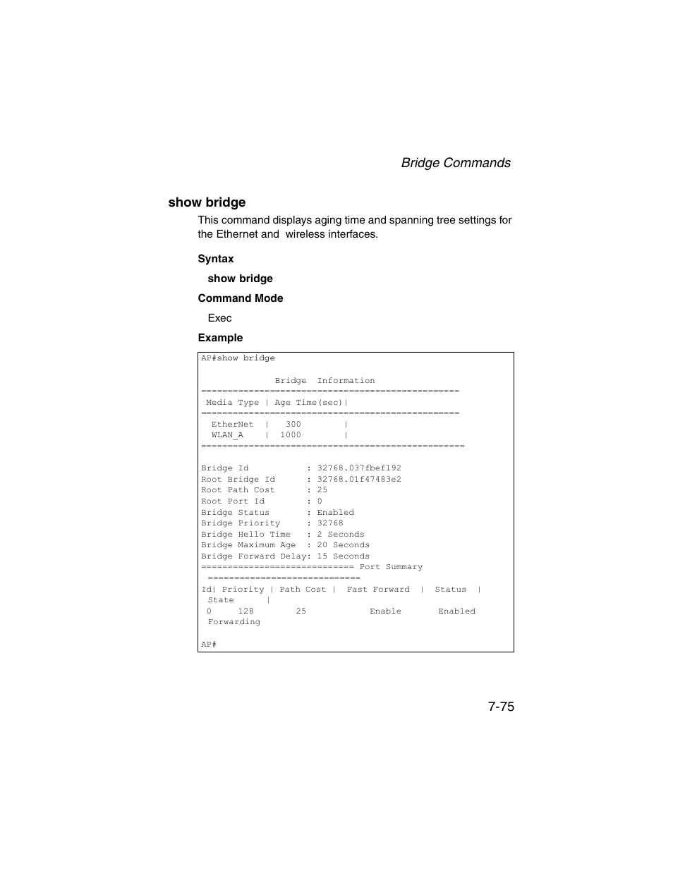 Show bridge, Show bridge -75, Bridge commands 7-75 show bridge | SMC Networks ElliteConnect 2.4GHz/5GHz User Manual | Page 245 / 322