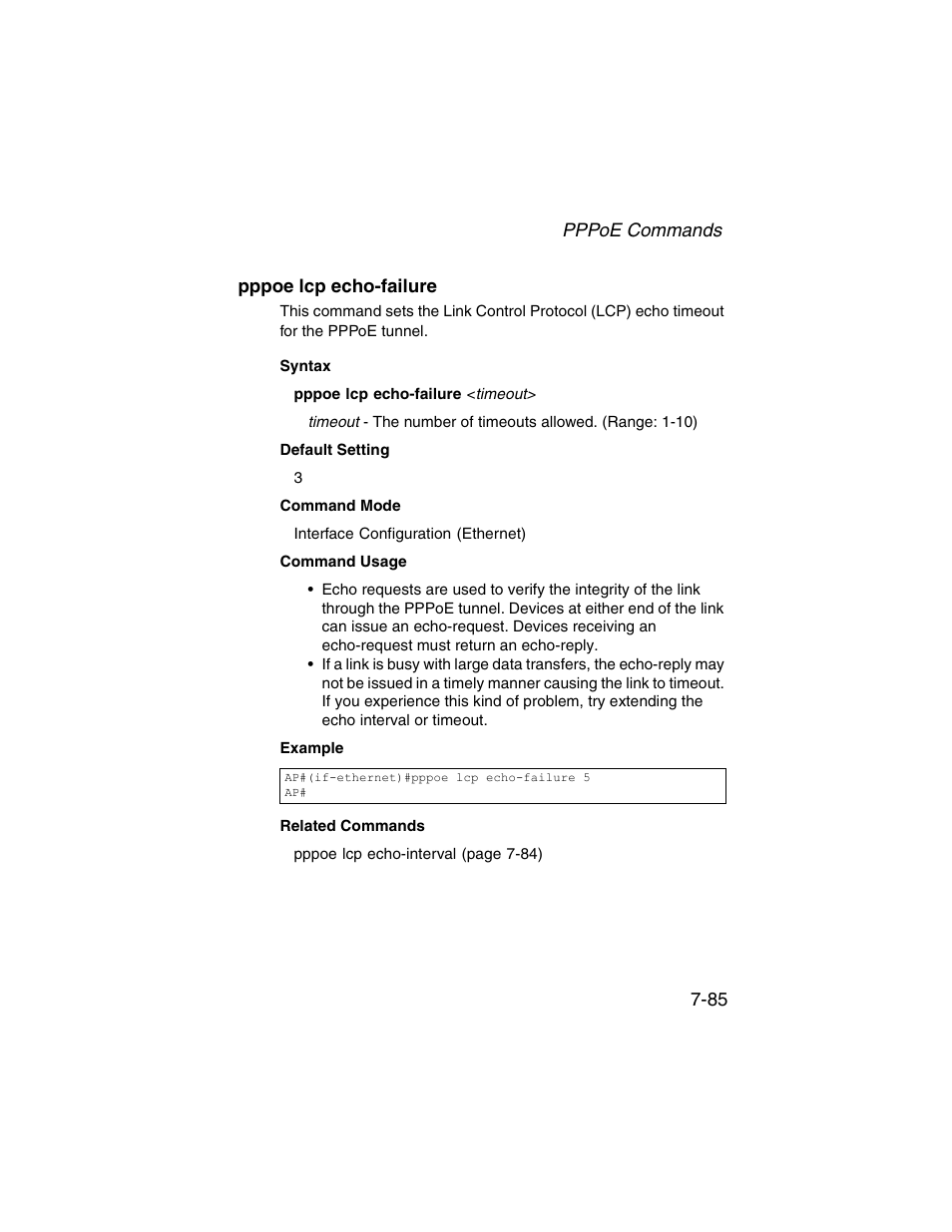 Pppoe lcp echo-failure, Pppoe lcp echo-failure -85 | SMC Networks ElliteConnect 2.4GHz/5GHz User Manual | Page 255 / 322