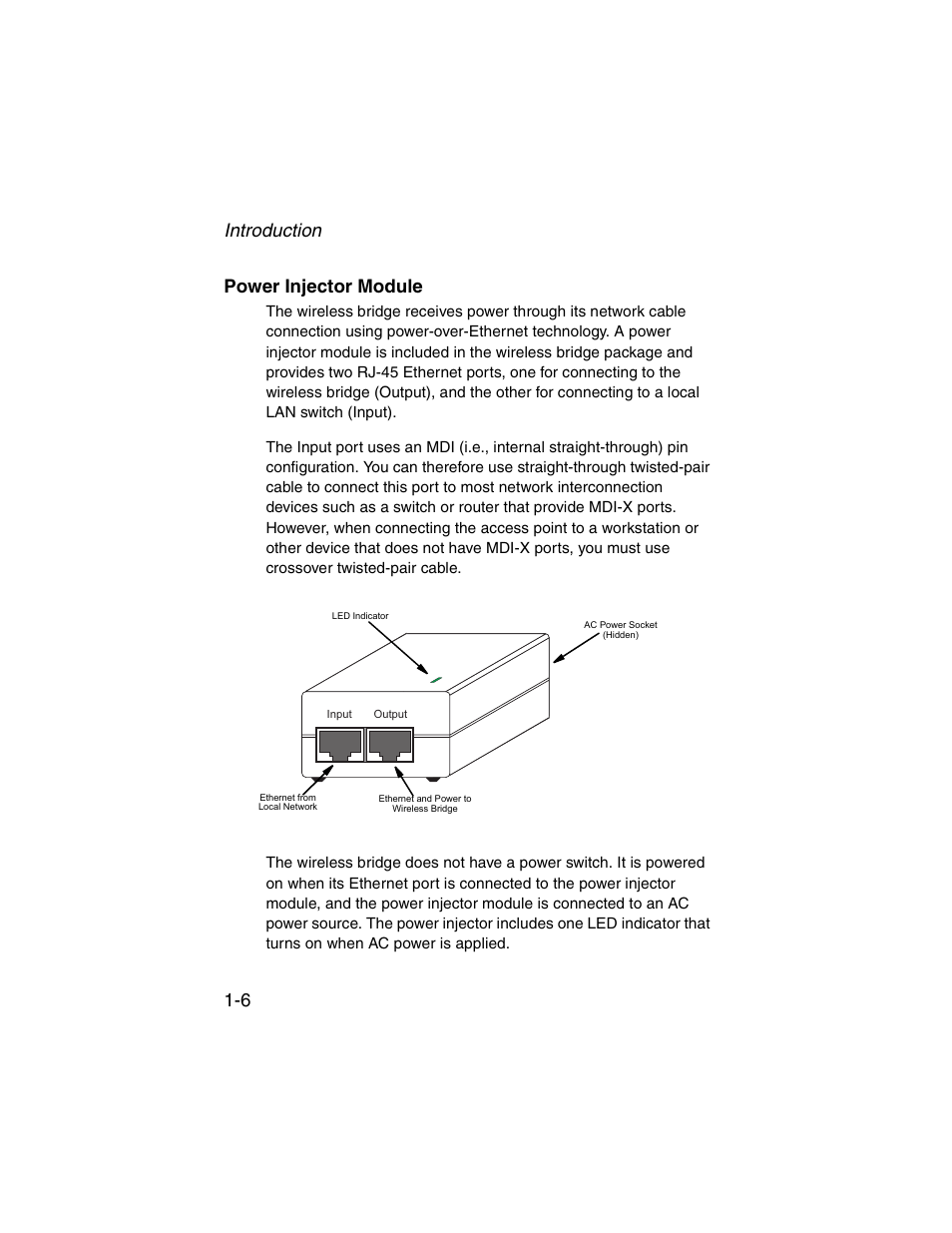 Power injector module, Power injector module -6, Introduction 1-6 power injector module | SMC Networks ElliteConnect 2.4GHz/5GHz User Manual | Page 28 / 322