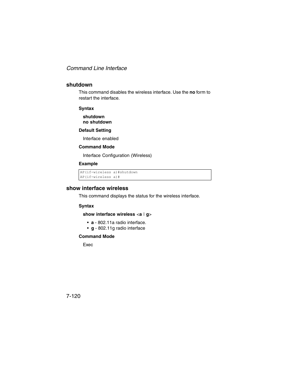 Shutdown, Show interface wireless, Shutdown -120 show interface wireless -120 | SMC Networks ElliteConnect 2.4GHz/5GHz User Manual | Page 290 / 322