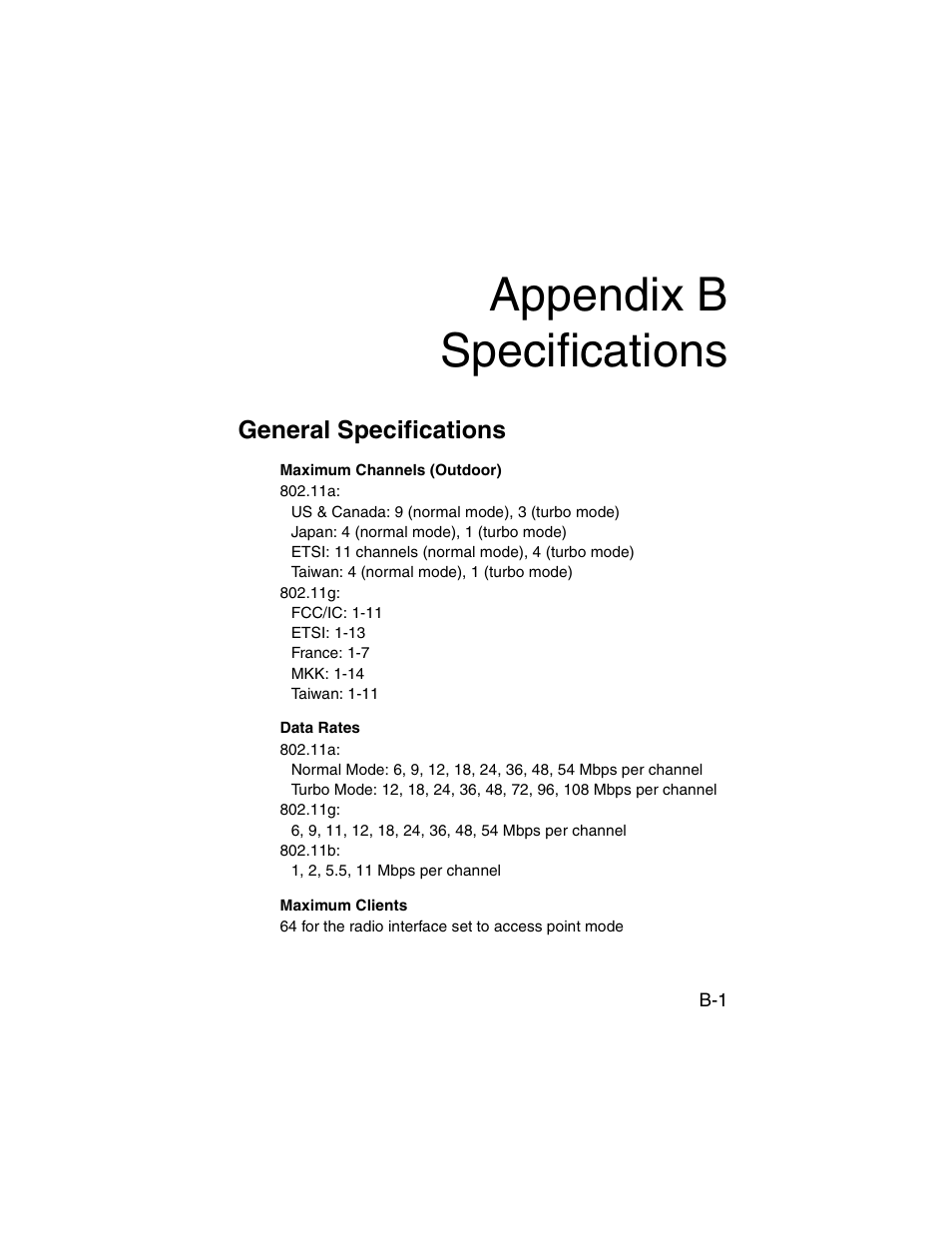 Appendix b specifications, General specifications | SMC Networks ElliteConnect 2.4GHz/5GHz User Manual | Page 299 / 322