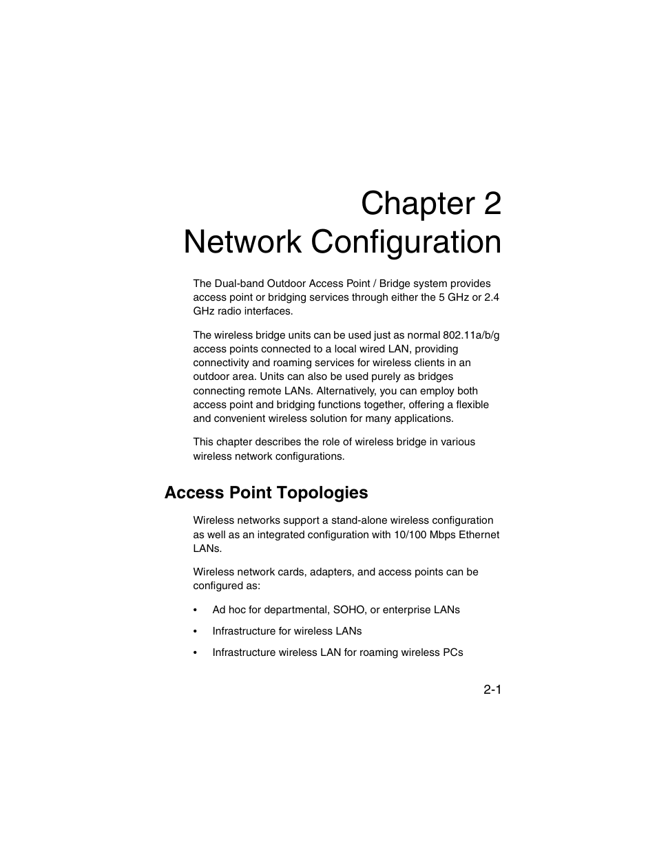 Chapter 2 network configuration, Access point topologies, Network configuration -1 | Access point topologies -1 | SMC Networks ElliteConnect 2.4GHz/5GHz User Manual | Page 37 / 322