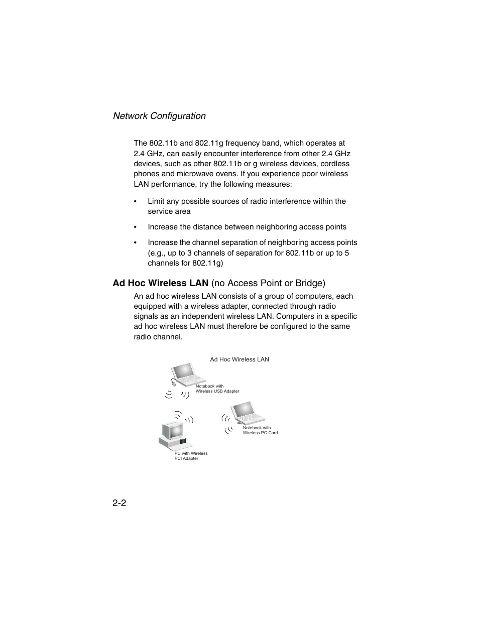 Ad hoc wireless lan (no access point or bridge), Ad hoc wireless lan (no access point or bridge) -2, Network configuration 2-2 | SMC Networks ElliteConnect 2.4GHz/5GHz User Manual | Page 38 / 322