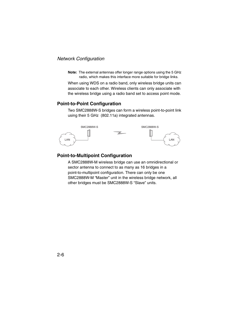 Point-to-point configuration, Point-to-multipoint configuration, Network configuration 2-6 | SMC Networks ElliteConnect 2.4GHz/5GHz User Manual | Page 42 / 322